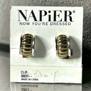 NOS VTG Napier Two Tone Earrings Women’s Ribbed Gold Tone Silver Tone Clip On